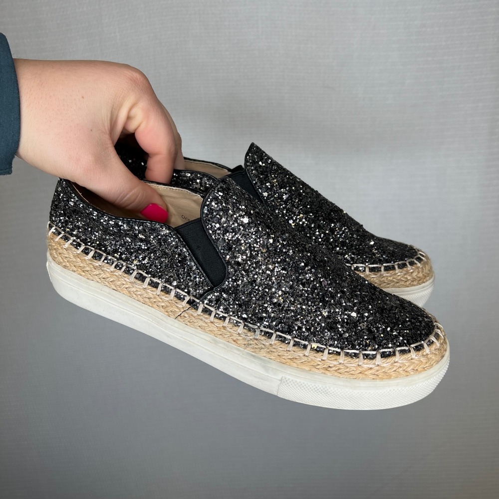 Henry Ferrera Ocean Club Blackโ Glitter Espadrille Slip On Platform Sneakers 7.5